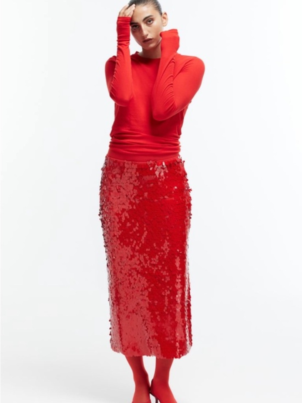 Red Sequin Midi Skirt